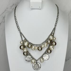 Chicos Chunky Faux Pearl Beaded Silver Tone Necklace 18"-22" ✨